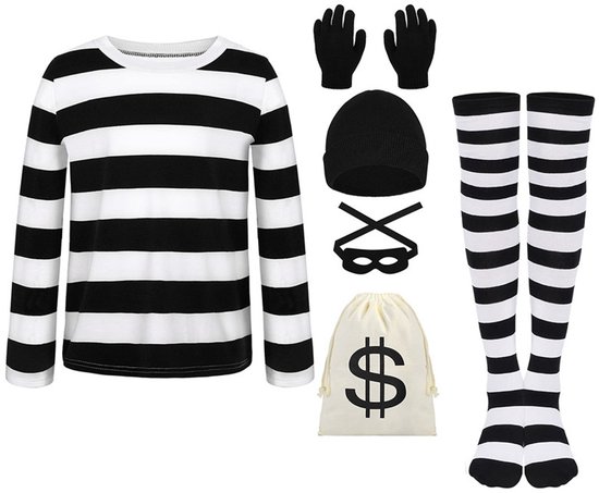 Halloween Robbery Costume Set for Adults - Complete with Shirt, Hat & Accessories - Universal Size - For Parties & Theme Parties - Image 1