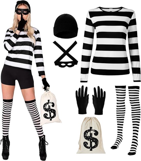 Halloween Robbery Costume Set for Adults - Complete with Shirt, Hat & Accessories - Universal Size - For Parties & Theme Parties - Image 2