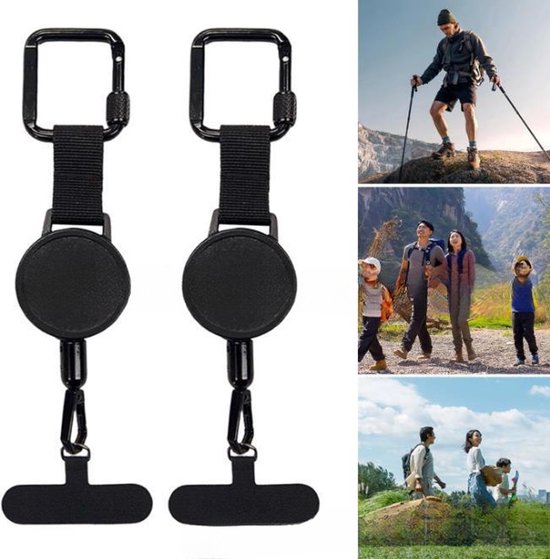Extendable anti-theft phone buckle - 2-piece - Phone cord with carabiner - Suitable for travel and hiking - Phone accessories - Black - Image 1