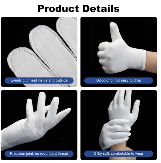 Gloves - 4 pairs - White cotton gloves - Suitable for dry hands - Can be worn while sleeping - High-quality cotton gloves - Unisex white gloves - Gloves with rounded corners - Image 4