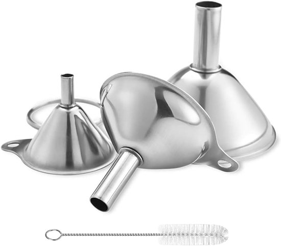 Funnels - Set of 3 - Stainless Steel Funnels - Food Grade Mini Kitchen Funnels - For transferring essential oils and liquids; small funnels for filling bottles, flasks, and boiling. - Image 1