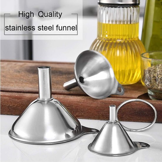 Funnels - Set of 3 - Stainless Steel Funnels - Food Grade Mini Kitchen Funnels - For transferring essential oils and liquids; small funnels for filling bottles, flasks, and boiling. - Image 3