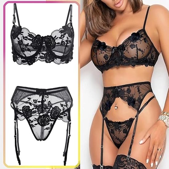 Sexy lingerie set - Feminine sexy lingerie set - Floral print linen body - Back support - Sexy lingerie set - Seductive lingerie - Valentine's Day gift - Size L - Image 4