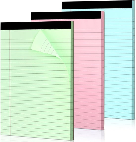Coloured notepads, set of 3 writing pads 29.5 x 21.4 cm, with micro-perforation and sturdy back, broad lines, 50 sheets per pad, ideal for school, university, office and professional use (blue/pink/green) - Image 1