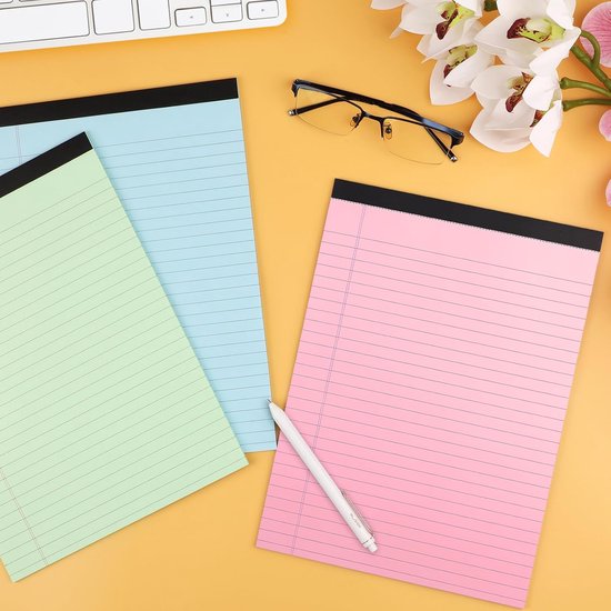 Coloured notepads, set of 3 writing pads 29.5 x 21.4 cm, with micro-perforation and sturdy back, broad lines, 50 sheets per pad, ideal for school, university, office and professional use (blue/pink/green) - Image 5