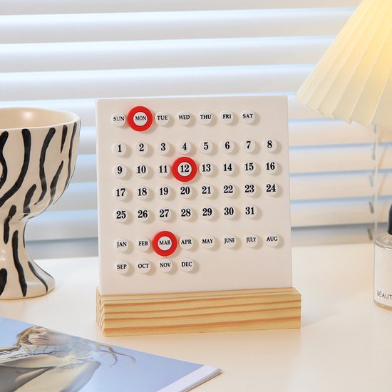 Perpetual calendar - Wooden calendar stand for desk - Acrylic calendar for desk - Suitable for living room, office, shop, bar - Display of week, month and day (white) - Image 1