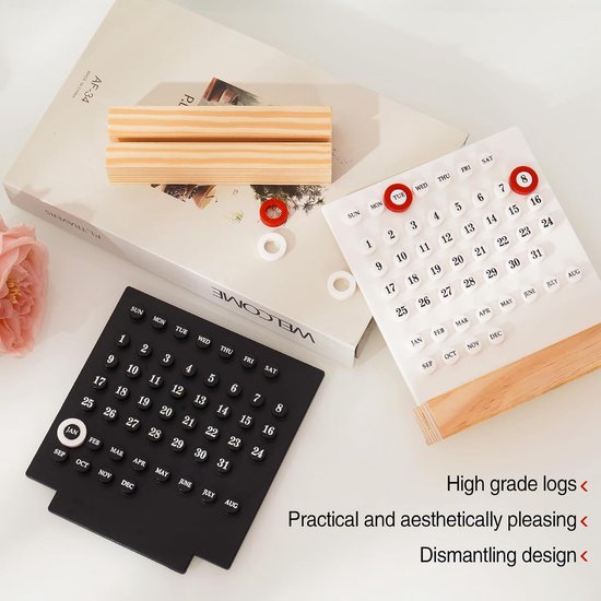 Perpetual calendar - Wooden calendar stand for desk - Acrylic calendar for desk - Suitable for living room, office, shop, bar - Display of week, month and day (white) - Image 5