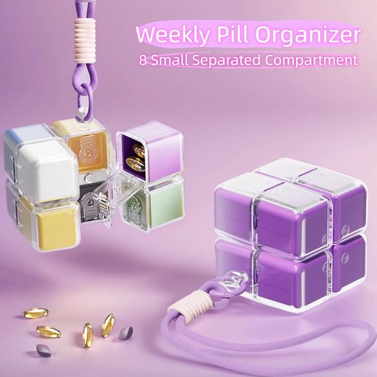 Medicine box - 7-day medicine box - Weekly pill box - Portable pill box for travel - Easy to open - 8 compartments - For storing vitamins and medicines - Purple - Image 2