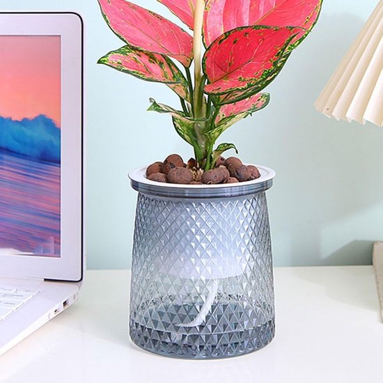 Flower pots - Plastic flower pots - sustainable garden supplies - hydroponic flower pots - visible water level - With absorbent cotton rope - Ø 10 x H 12 cm - Gray - Image 4