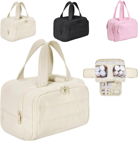 Multi-Zip Makeup Bag - Toiletry Bag - Spacious Storage, Organized Layered Design with Carry Handle - Ideal for Travel & Daily Use (Beige) - Image 1