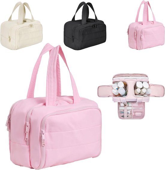 Multi-Zip Makeup Bag - Toiletry Bag - Spacious Storage, Organized Layered Design with Carry Handle - Ideal for Travel & Daily Use（Pink） - Image 1