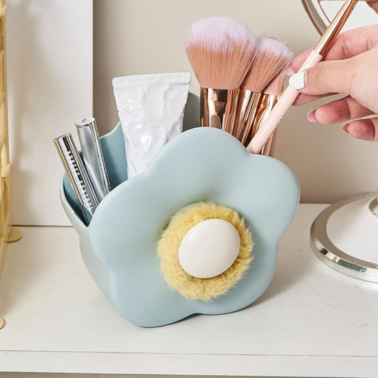 Flower-shaped Makeup Brush Holder - Multifunctional Makeup & Desk Storage Organizer - Compact Design 14.8 x 13.5 x 8 cm - Blue - Image 1