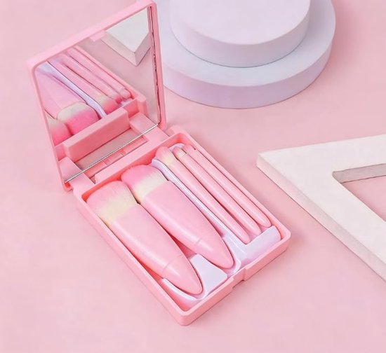 5-Piece Mini Makeup Brush Set with Mirror – Compact Travel Makeup Brushes for Foundation, Powder, Blush & Eyeshadow (Pink) - Image 1