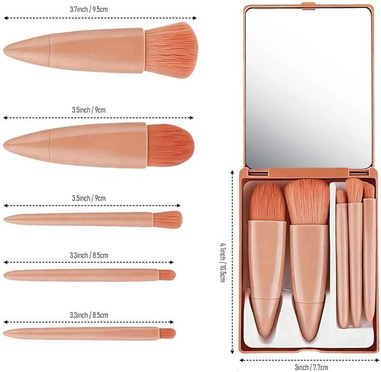 5-Piece Mini Makeup Brush Set with Mirror – Compact Travel Makeup Brushes for Foundation, Powder, Blush & Eyeshadow (Pink) - Image 5