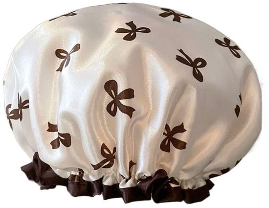 Double Layer Waterproof Shower Cap for Women & Girls – Reusable, Elastic & Comfortable with Print (White) - Image 1