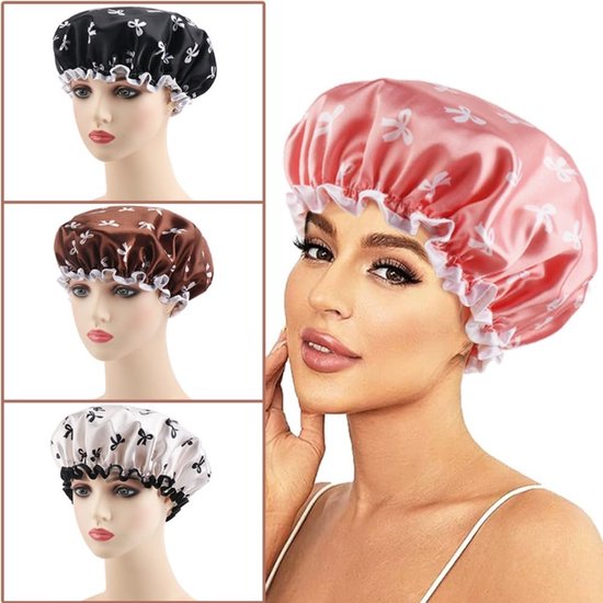 Double Layer Waterproof Shower Cap for Women & Girls – Reusable, Elastic & Comfortable with Print (White) - Image 4