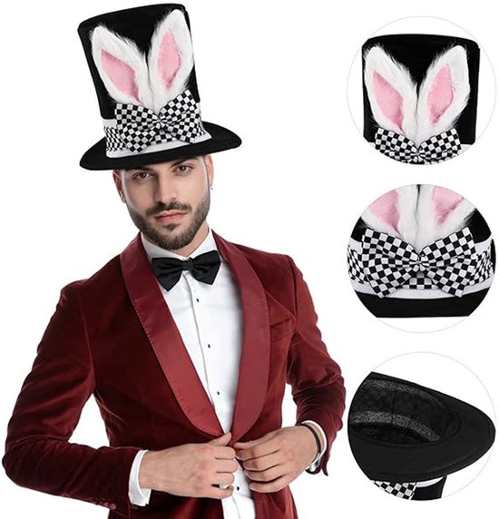 Easter Bunny Top Hat – White Rabbit & Black Plush Hat – Costume accessory for Easter, Halloween and theme parties - Image 1
