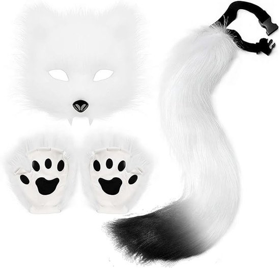 3-Piece Fox Costume Accessory Set – Fluffy Mask, Tail, and Gloves – Suitable for Parties & Carnival (White) - Image 1