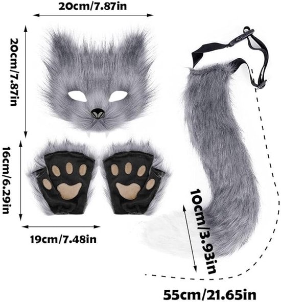 3-Piece Fox Costume Accessory Set – Fluffy Mask, Tail, and Gloves – Suitable for Parties & Carnival (White) - Image 4