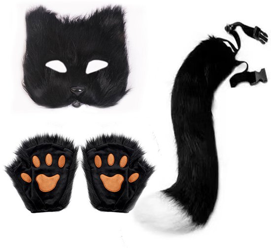 3-Piece Fox Costume Accessory Set – Fluffy Mask, Tail and Gloves – Suitable for Parties & Carnival （Black） - Image 1