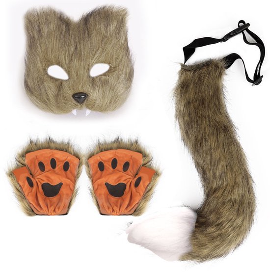 3-Piece Fox Costume Accessory Set – Fluffy Mask, Tail and Gloves – Suitable for Parties & Carnival （Brown） - Image 1