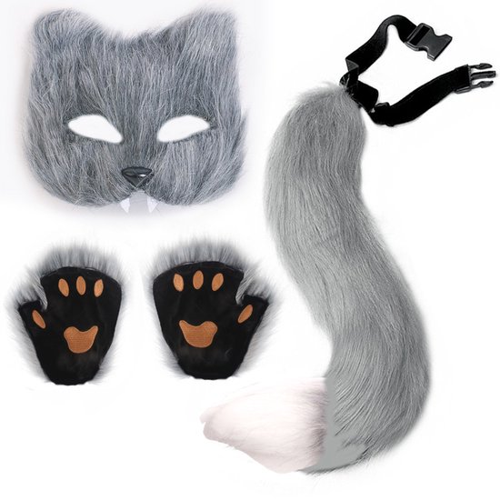 3-Piece Fox Costume Accessory Set – Fluffy Mask, Tail and Gloves – Suitable for Parties & Carnival （Grey） - Image 1