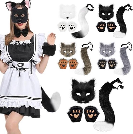 3-Piece Fox Costume Accessory Set – Fluffy Mask, Tail and Gloves – Suitable for Parties & Carnival （Grey） - Image 2