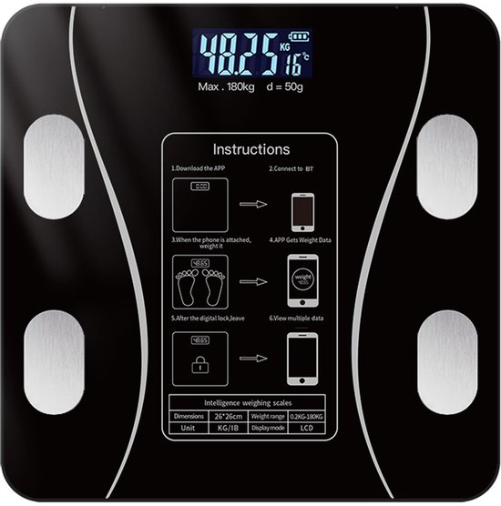 Smart Scale with Body Analysis - Measures BMI, Fat & Muscle Mass - USB Rechargeable - Up to 180 kg - Black - Image 1