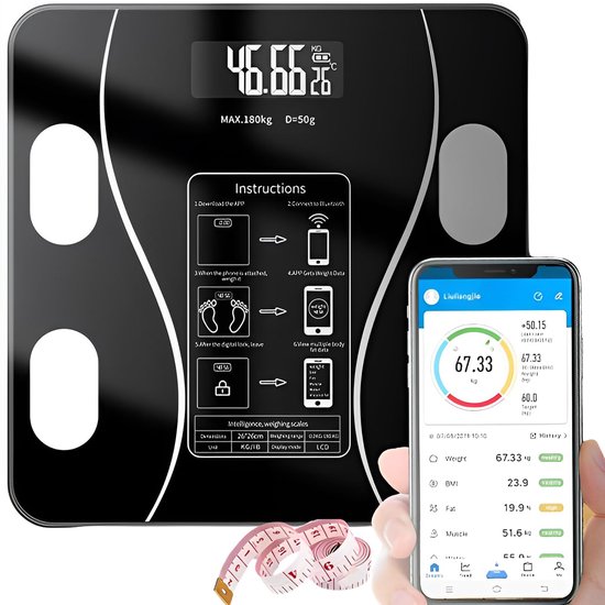 Smart Scale with Body Analysis - Measures BMI, Fat & Muscle Mass - USB Rechargeable - Up to 180 kg - Black - Image 2