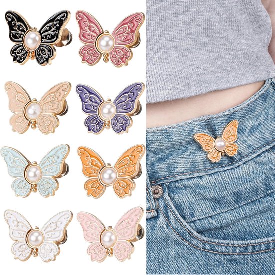 Waistband Tighteners - 8 Sets - Removable Butterfly Clips Jeans Buttons for Loose Jeans - Adjustable Waistband Buckles - No Sewing and No Tools Required - Decorative Butterfly Waistband Buckles | Jeans Buttons Pins - Image 1