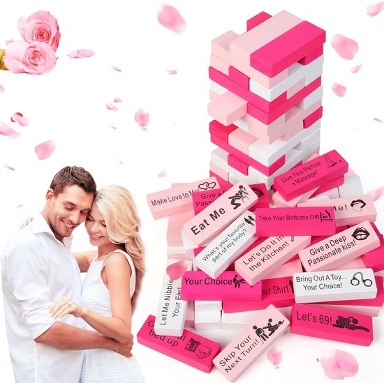 Block Tower Jenga Game - Jenga for Couples - Valentine's Day Tumbling Tower Jenga Game - Party Favor for an Adult Couples Night Out - Pink - Image 1
