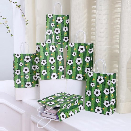 Football Party Paper Bags - Pack of 12 - Football Goodie Bags with Handles - Football Gift Bags for Football Themed Party Supplies (Green - 21*15*8cm) - Image 1