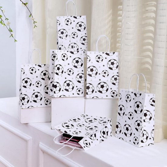 Football Party Paper Bags - Pack of 12 - Football Goodie Bags with Handles - Football Gift Bags for Football Theme Party Supplies (White - 21*15*8cm) - Image 1
