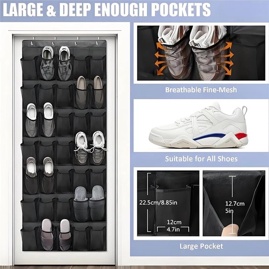 Shoe rack with 24 compartments - Made of sturdy and durable Oxford cloth - Can be hung on a door - Suitable for wardrobes with mesh walls - Black - Image 3