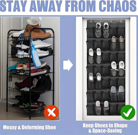 Shoe rack with 24 compartments - Made of sturdy and durable Oxford cloth - Can be hung on a door - Suitable for wardrobes with mesh walls - Black - Image 4