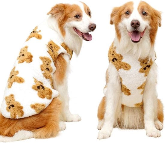 Dog Coat - Cute Bear Pattern - Plush Dog Vest - Winter Dog Coats - Dog Coat - Suitable for medium to large dogs weighing 20-25 kg - White - Image 1