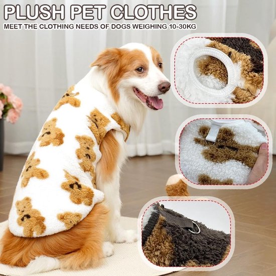 Dog Coat - Cute Bear Pattern - Plush Dog Vest - Winter Dog Coats - Dog Coat - Suitable for medium to large dogs weighing 20-25 kg - White - Image 2