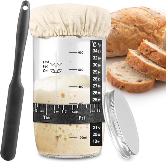 1000ml Sourdough Fermentation Jar in a Glass Jar | Includes stirring spoon, measuring cup, and fabric cover - for dough, bread baking, and sourdough fermentation - Image 1