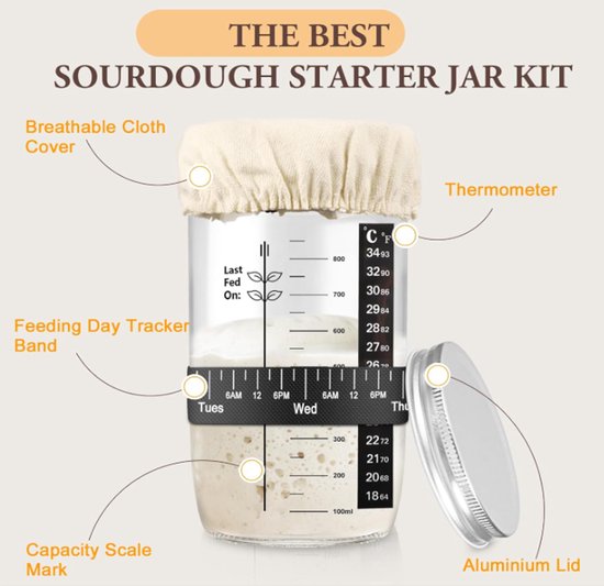 1000ml Sourdough Fermentation Jar in a Glass Jar | Includes stirring spoon, measuring cup, and fabric cover - for dough, bread baking, and sourdough fermentation - Image 2