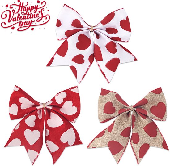 Valentine's Day Decorations - Heart Print Bows - Set of 3 - Wedding Gift Accessories - Handmade Linen Heart Bows - Image 1