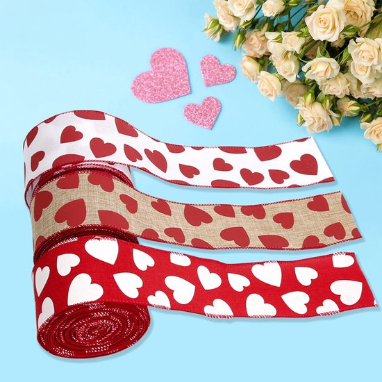 Valentine's Day Ribbons - 3 Rolls - Handmade Ribbons - Heart Pattern - Natural Texture - Suitable for Wrapping Flowers and Party Decorations （5m） - Image 1
