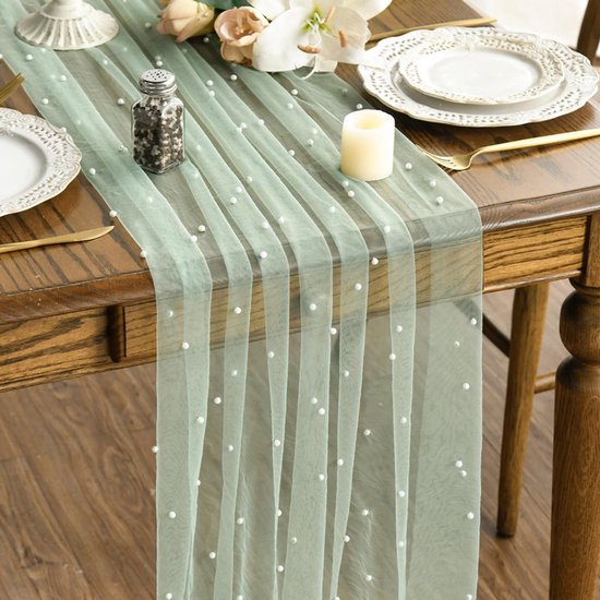 Light Green Table Veil with White Pearls - Silky Gauze 30x120 Inches - For Weddings, Parties & Table Decorations - Image 1