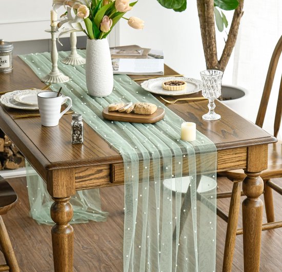 Light Green Table Veil with White Pearls - Silky Gauze 30x120 Inches - For Weddings, Parties & Table Decorations - Image 3