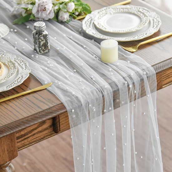 White Table Veil with White Pearls - Silky Gauze 30x120 Inches - For Weddings, Parties & Table Decorations - Image 1