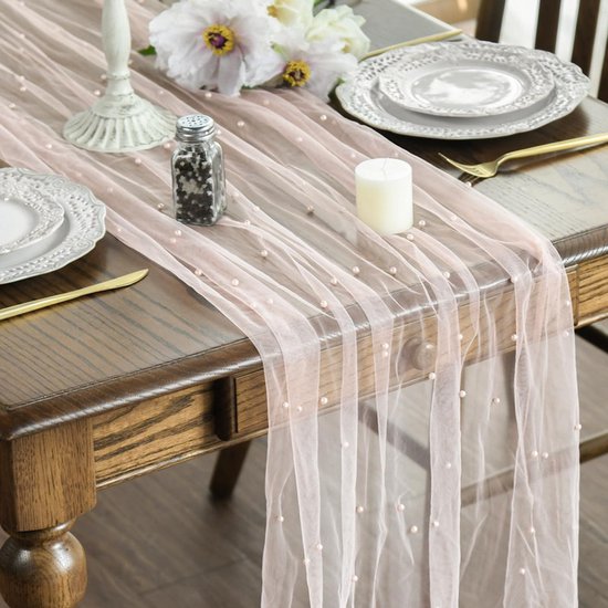 Pink Table Veil with White Pearls - Silky Gauze 30x120 Inches - For Weddings, Parties & Table Decorations - Image 1