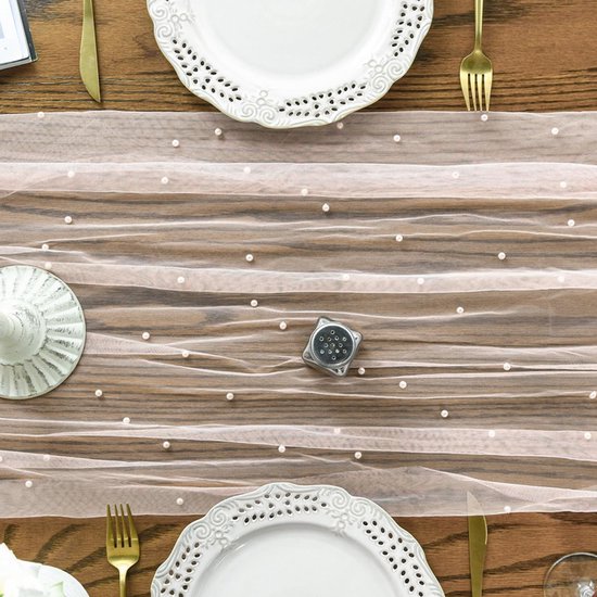 Pink Table Veil with White Pearls - Silky Gauze 30x120 Inches - For Weddings, Parties & Table Decorations - Image 2