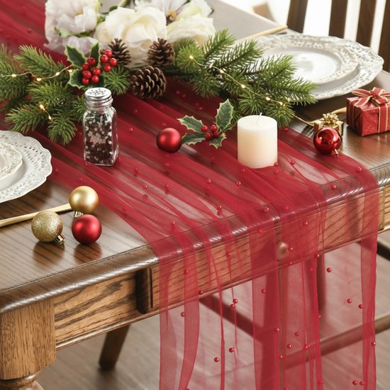 Red Table Veil with White Pearls - Silky Gauze 30x120 Inches - For Weddings, Parties & Table Decorations - Image 1