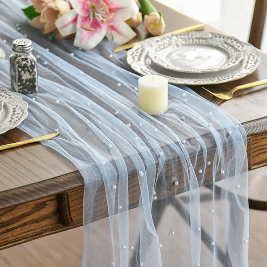 Light Blue Table Veil with White Pearls - Silky Gauze 30x120 Inches - For Weddings, Parties & Table Decorations - Image 1