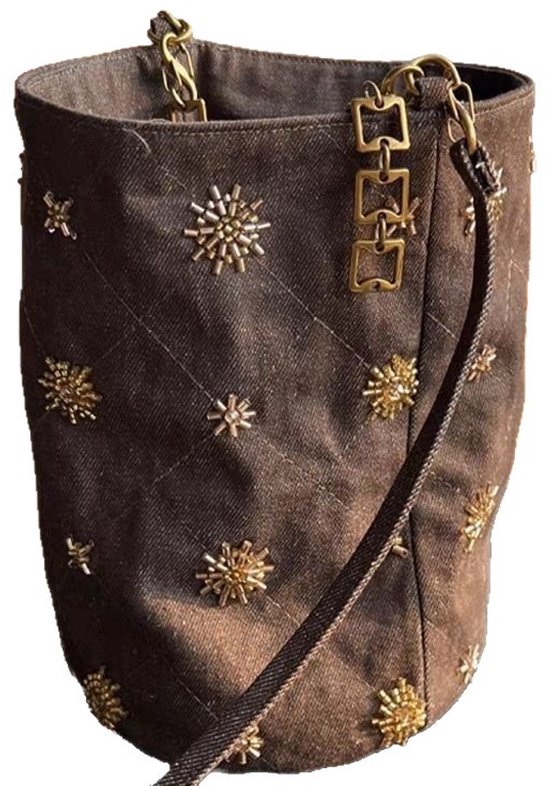Checked and Embroidery Bucket Bag - Denim Shoulder Bag - Adjustable Strap & Handle - 14x21 cm - Image 1