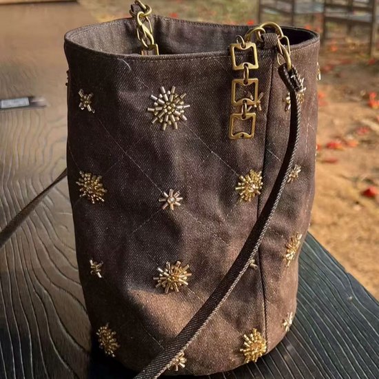 Checked and Embroidery Bucket Bag - Denim Shoulder Bag - Adjustable Strap & Handle - 14x21 cm - Image 2